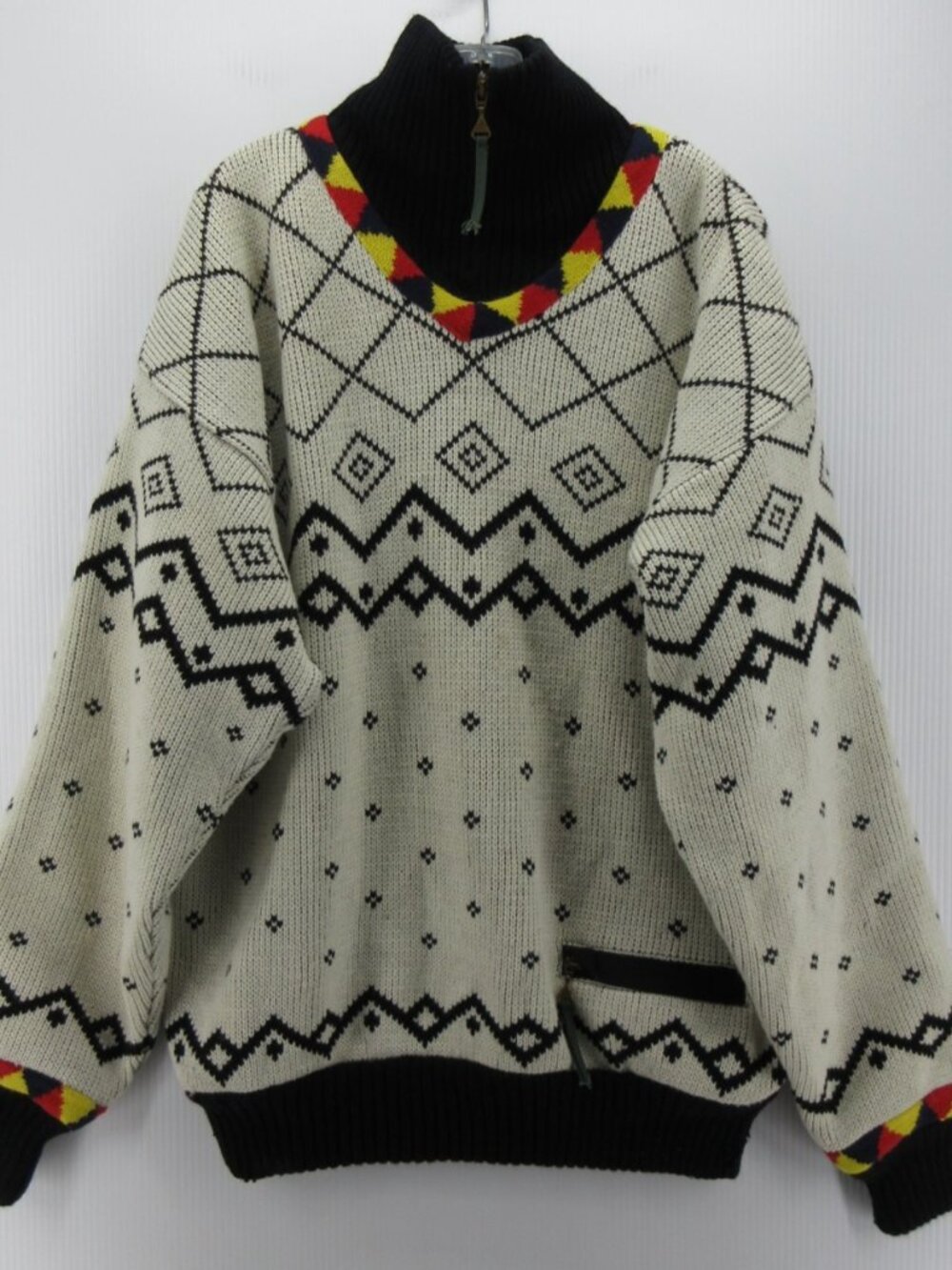 VINTAGE SOS Sweater XL Wool Birdseye 1/4 Zip Nordic Chunky Heavyweight